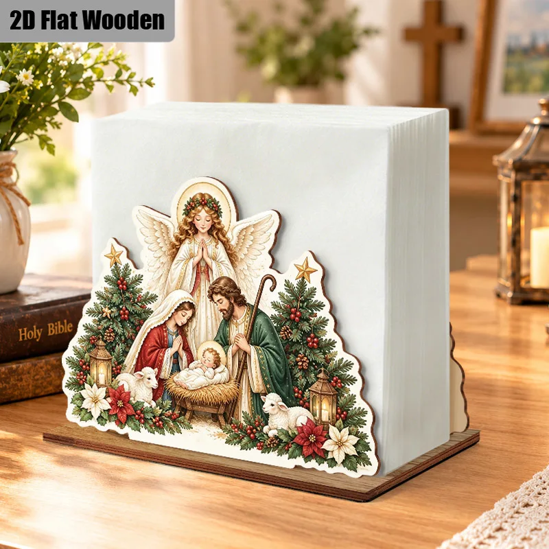Wooden 2D Flat Christmas Napkin Holder Nativity Scene Design with Angel Holy Family Two Lambs 1pc/2pcs/3pcs Set for Farmhouse De