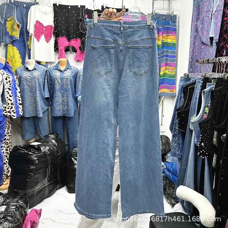 

Синие джинсы Heavy Industry Diamond Drills Letter Love, женские осенние новые свободные широкие джинсовые брюки, длинные повседневные брюки, женские