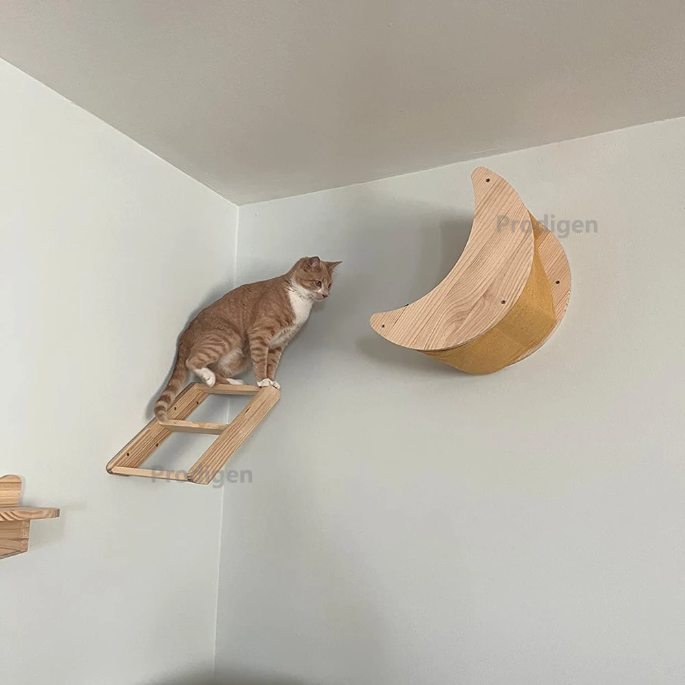 Cat Shelf Wall Hammock Climbing Shelves Moon Shaped And Perches Ladder Solid Wood Steps For Activity Indoor Cats Wall Furniture