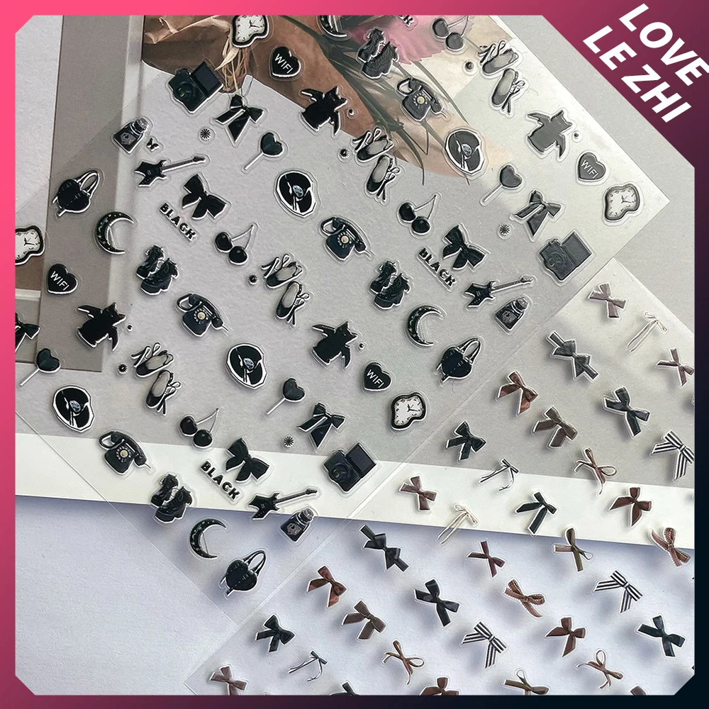 Vintage schwarze Schleife 3D geprägte Nail Art Dekoration Aufkleber Telefon Schuhe Wecker Maniküre Aufkleber Aufkleber vorhanden