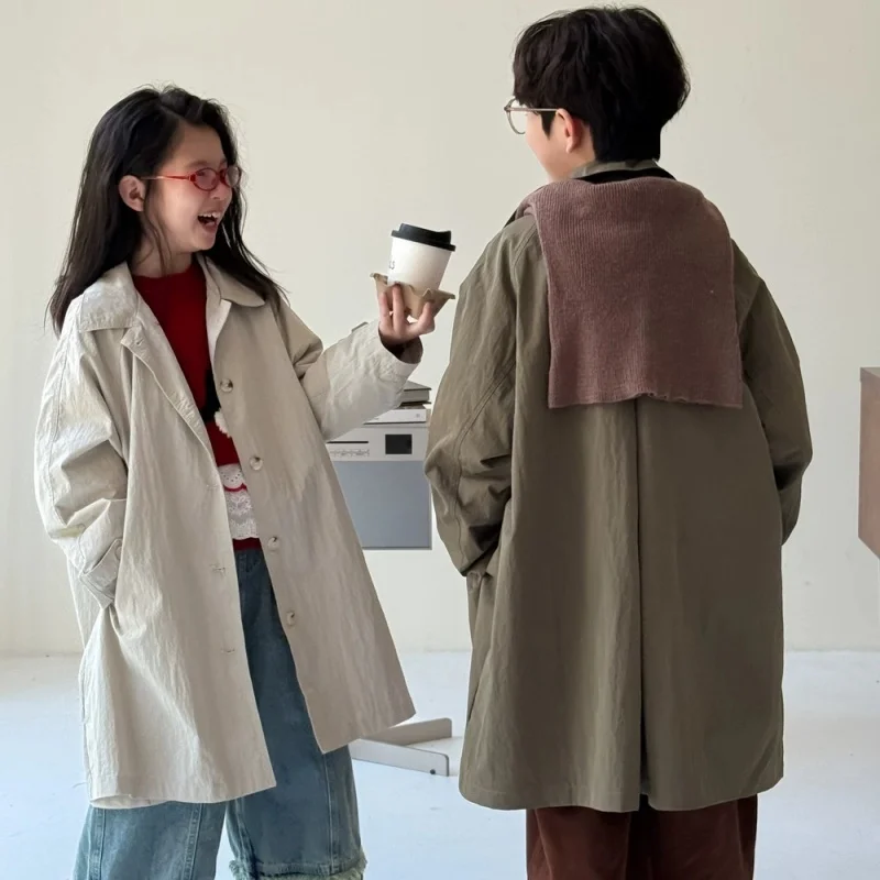 2026 Spring Children Girl Trench Coat Loose Turn Down Collar Kid Baby Girl Outerwear Jacket Casual Toddler Girl Mid-length Coat