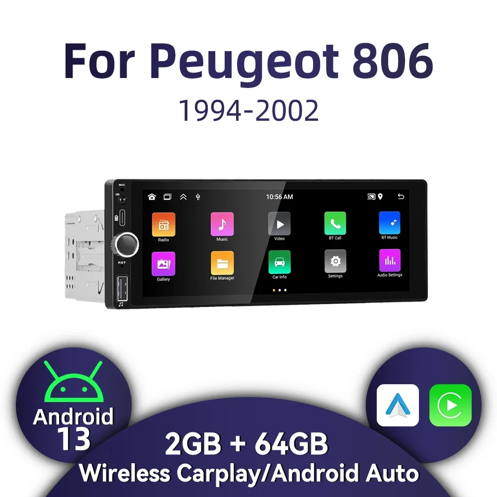 

Автомобильный радиоприемник 1 Din Android для Peugeot 806 1994-2002, 6,86 дюйма, стерео экран Carplay, Android, мультимедийный головное устройство, GPS-навигация