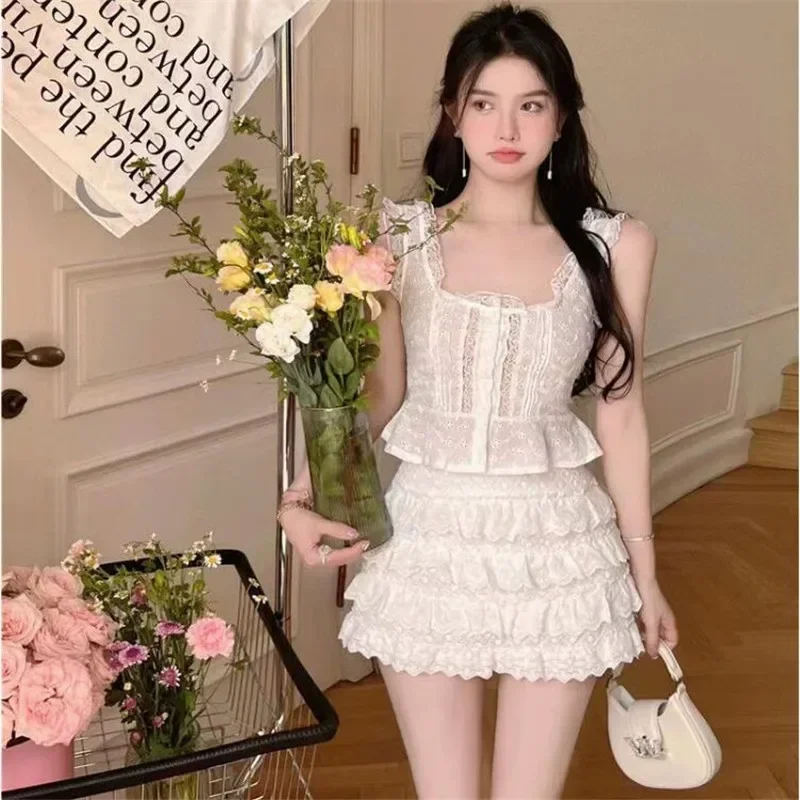 Hotsweet Cute Lolita Girl 2 Pieces Dress Suits Sleeveless Ruffles Lace Camis Vest Top&Mini Cake Skirt New Fashion Sweet 2pc Sets