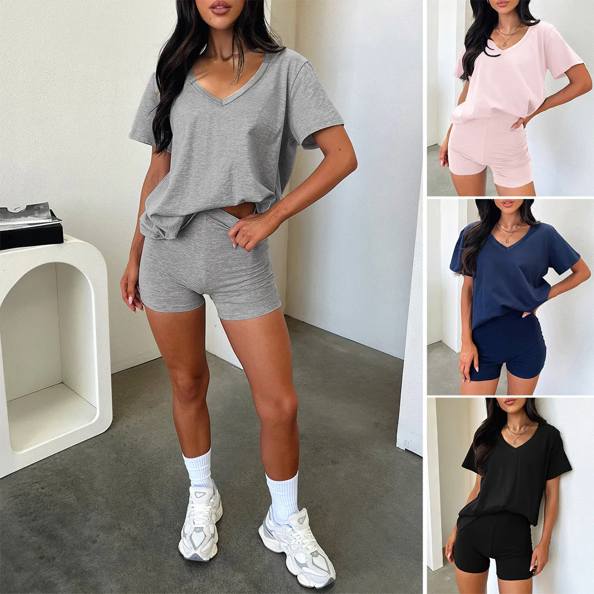 2025 الربيع والصيف الملابس النسائية Y2K تي شيرت رياضي غير رسمي الورك رفع والبطن ثلاث نقاط السراويل قطعتين مجموعة