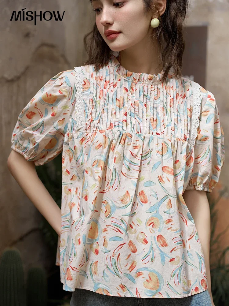 MISHOW Tulip Floral Blouse for Women Summer 100 Cotton Puff Sleeve Lace Edge Sweet Female Short Sleeve Loose Top MXC37X0034