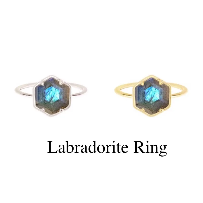 Fashion Jewelry Labradorite Hexagon Ring US Size 5-12 Sterling Silver Plated Ring for Women