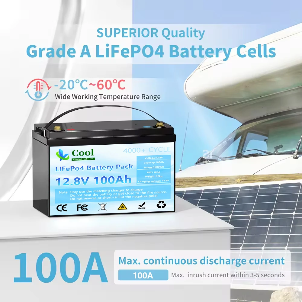 LiFePO4 100AH Battery 12.8V 100A BMS 6000 deep Cycles Rechargeable Lithium Battery Pack For RV Connected EU fast delivery