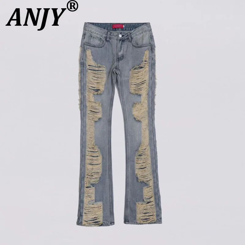 

ANJY Women's American Retro High Street Ripped Flared Jeans Casual Vintage Distressed Washed Versatile Pockets Denim Pants A8125