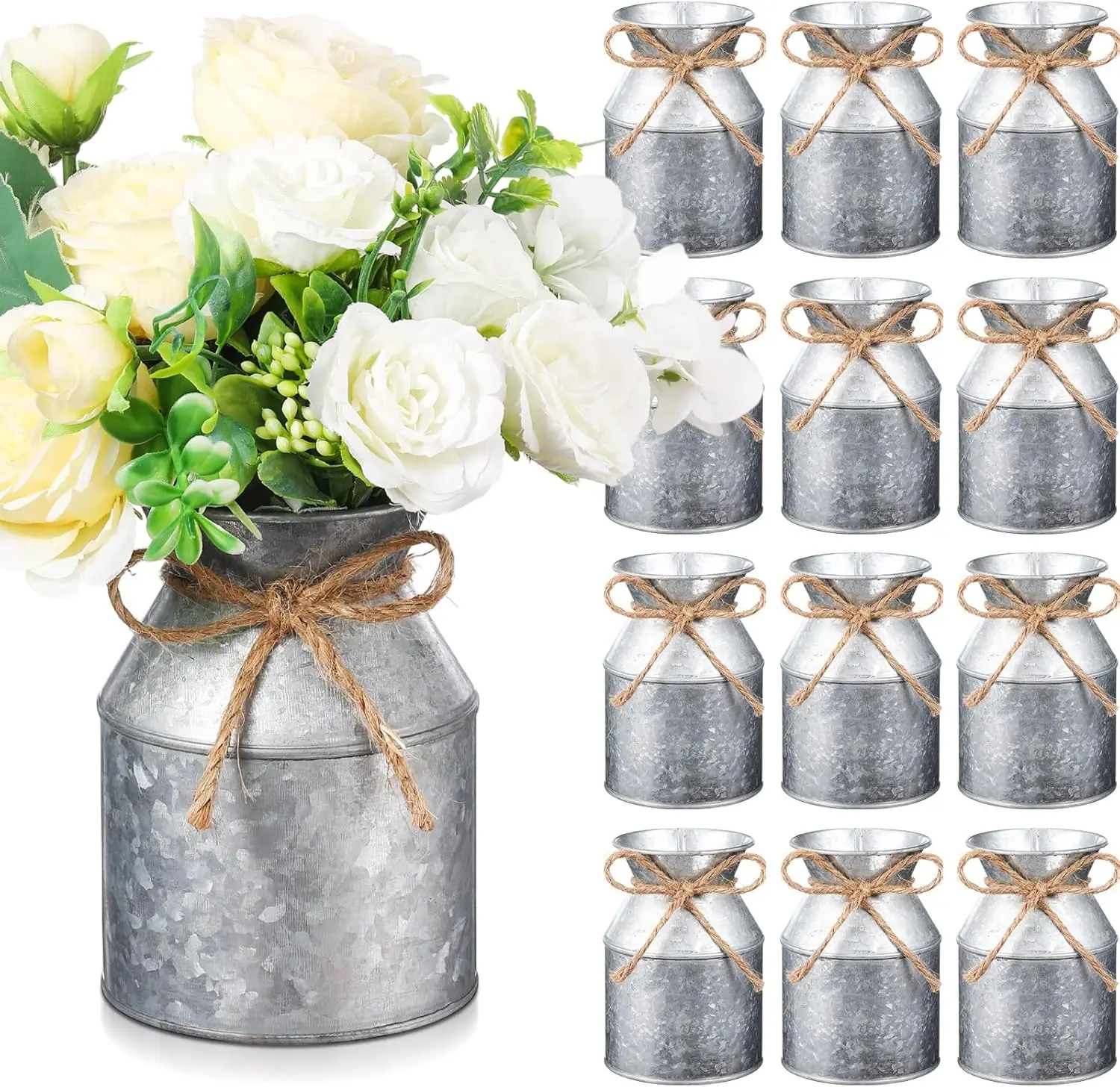

12 Pcs Farmhouse Metal Flower Vase Wedding Decor Bulk Galvanized Milk Can Jug Vase with Bow for Table Centerpiece Valentine Home