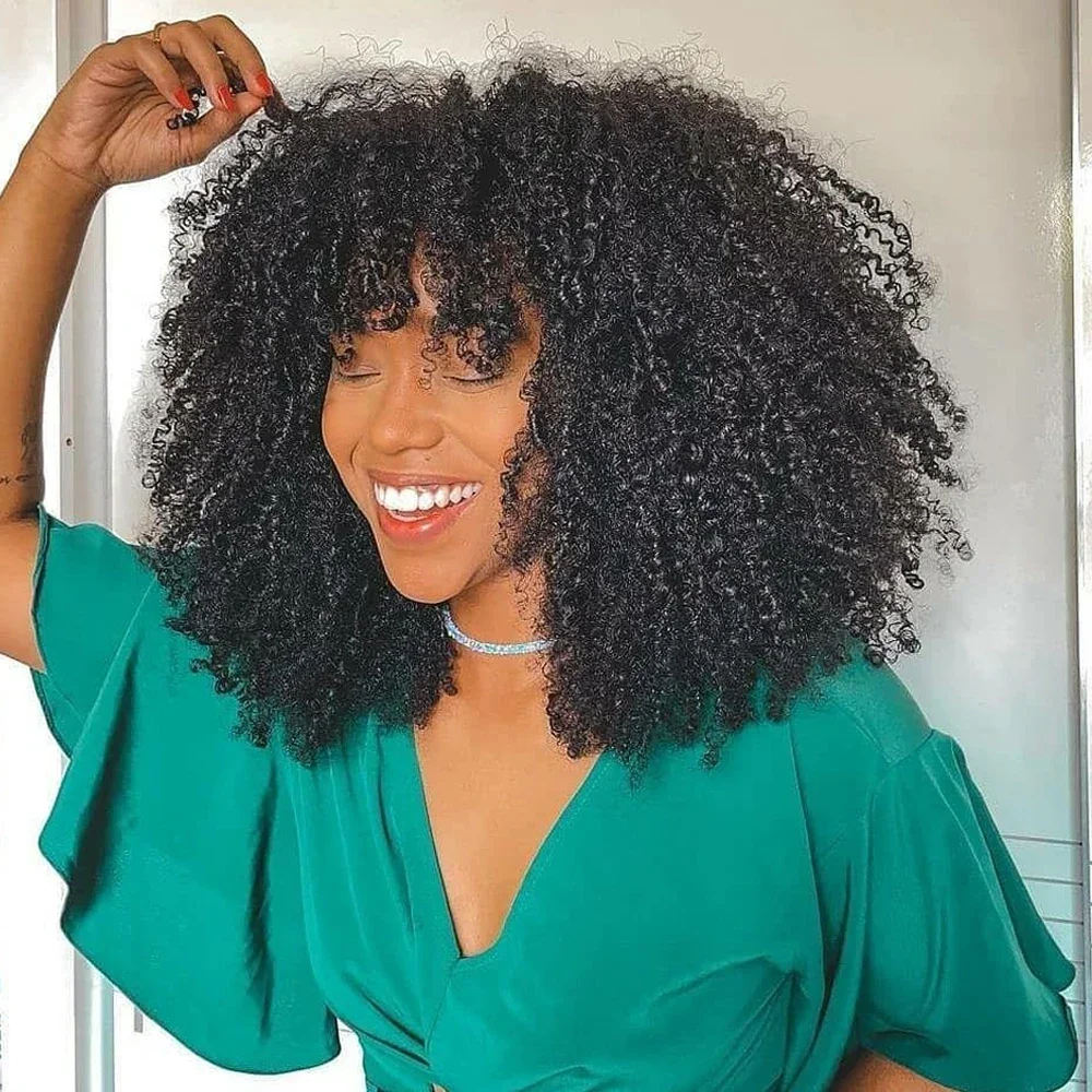 Perruque afro crépue bouclée avec frange pour femmes noires, perruques de cheveux humains, perruque sans colle, entièrement fabriquée à la machine, densité 200%