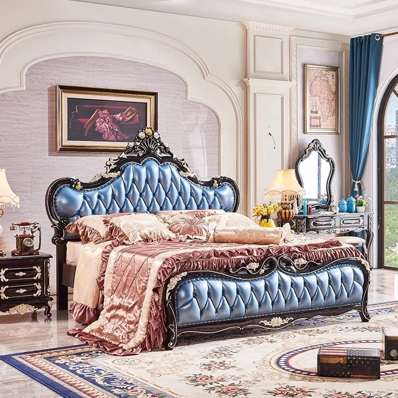 European solid wood bed, bedroom first layer leather double bed 1.5 meters princess bed, master bedroom 1.8