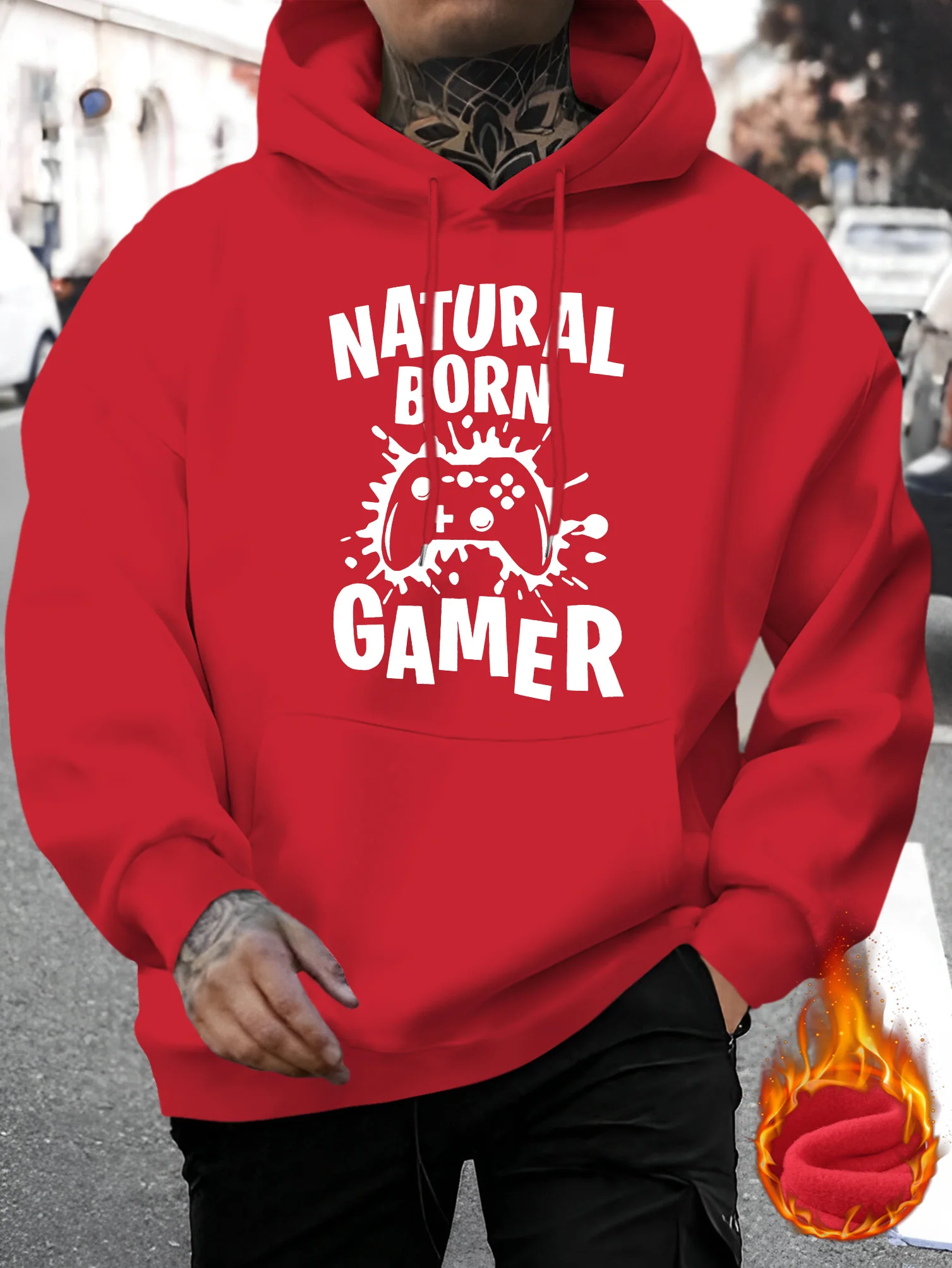 Gamer Slogan Game Controller Print Hoodie,Fleece‑Lined Long‑Sleeve Pullover with Kangaroo Pocket,Trendy Casual Street Topfor Men
