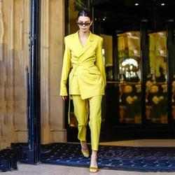 Women's Suit Two-piece Suit Slim Solid Color Lapel Handsome One Buckle Elegant Belt Fashion Lady Blazer Pant Sets 여성정장세트 명품