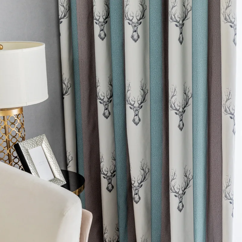 

European Style Two-color Deer Modern Simple Polyester Cotton Blackout Window Curtains for Living Dining Room Bedroom Study Home