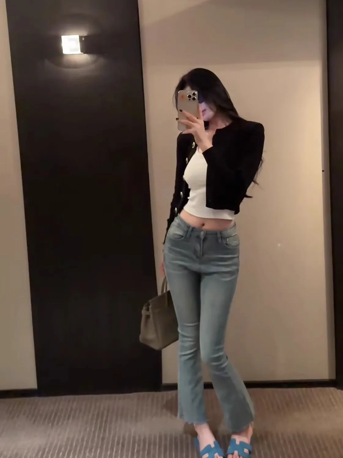 

High Waist Flared Jeans Women's Slim Fit Elastic Butt Lifting Blue Casual Sle Korean Version Nine Points Micro Flare Pants