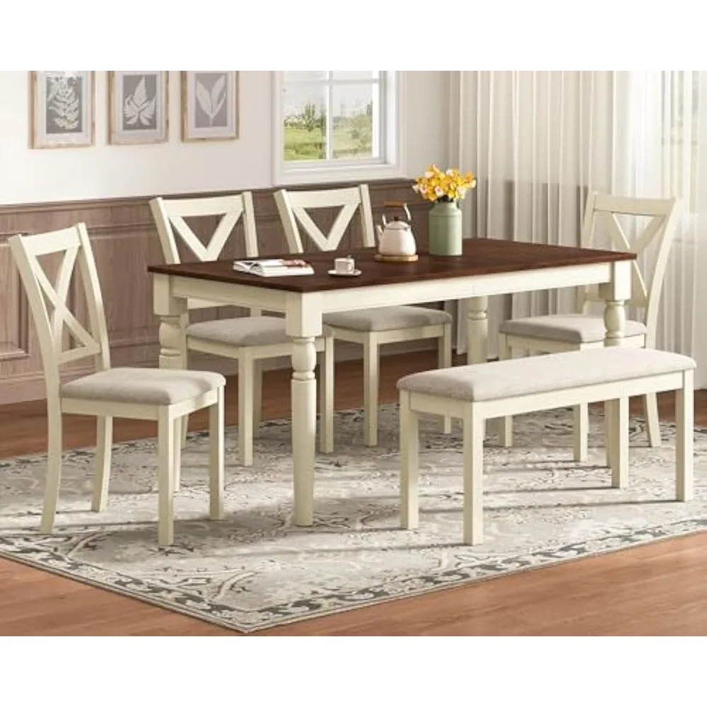 

Farmhouse Table with 4 Upholstered Chairs & 1 Bench, Dining Table Set for 6,6-Piece 60" Solid Wood Dining Table Set