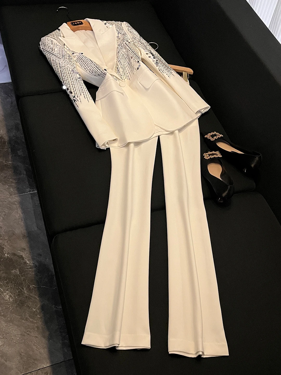 

White Slimming Two-Piece Set Sequin Heavy-Du Suit Profional Pantsuit Ele Godd Sle A22488 Women's Faion