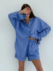 Marthaqiqi-terno de manga comprida listrada para mulheres, pijama com gola virada para baixo, camisola e shorts, conjunto de pijama casual, novo, 2023