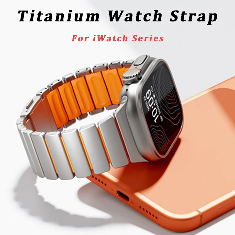 

Titanium Rubber Band for Apple Watch Ultra 3 2 49mm series 11 10 46mm 42mm Magnetic Strap for Iwatch 9 8 7 45mm 6 5 4 Se3 44mm