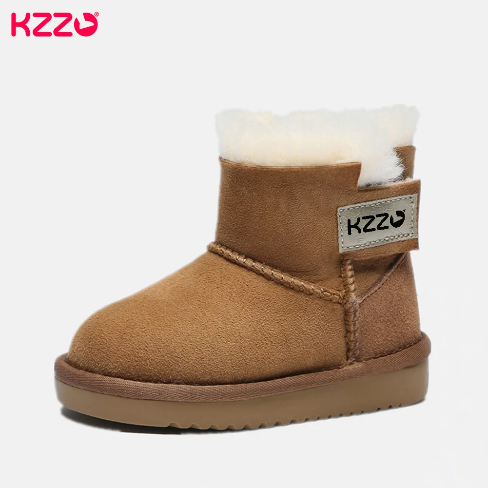 KZZO Sheepskin Suede Leather Natural Wool Fur Lined Big Kids Winter Snow Boots Students Ankle Warm Shoes Children Boys And Girls