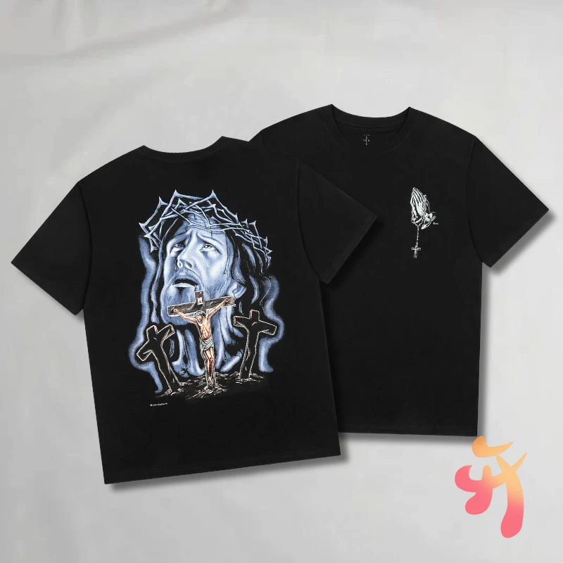 

25ss Summer Men Tops Cactus Jack Tshirts Thorn Jesus Cross Print Black Breathable Cotton Round Neck Short Sleeve Women Tees