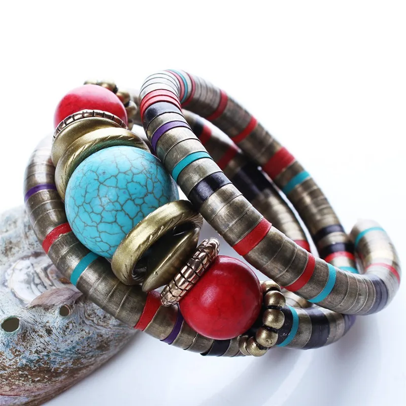 Women Multicolor Faux Turquoise Boho Adjust Bangles Charm Chic Beads Bracelets Summer Beach Ethnic Bracelet