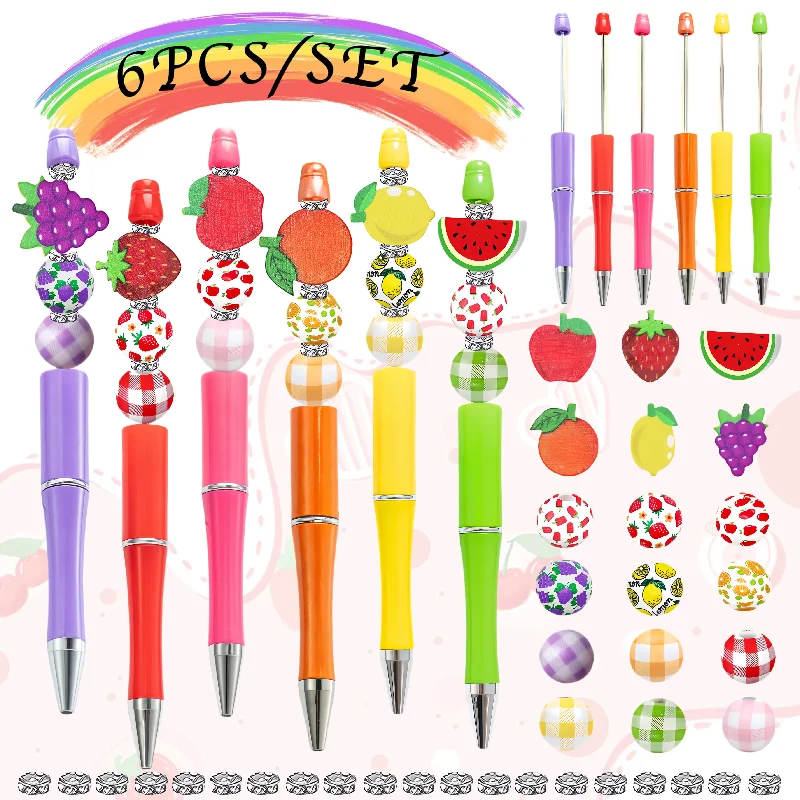 

6PCS Fruit Theme DIY Beaded Pens with Wood Beads Apple Strawberry Grape Design Kawaii Stationery for Office School Writing