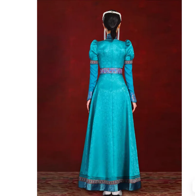 Ethnic Style Blue Green Mongolian Robe Dress Dance Performance Costume