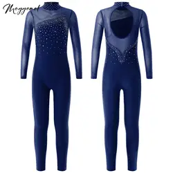 Girls Kids Long Sleeve Rhinestone Ballet Dance Leotard Sport Workout Bodysuit Gymnastics Jumpsuits Performance Costume Dancewear