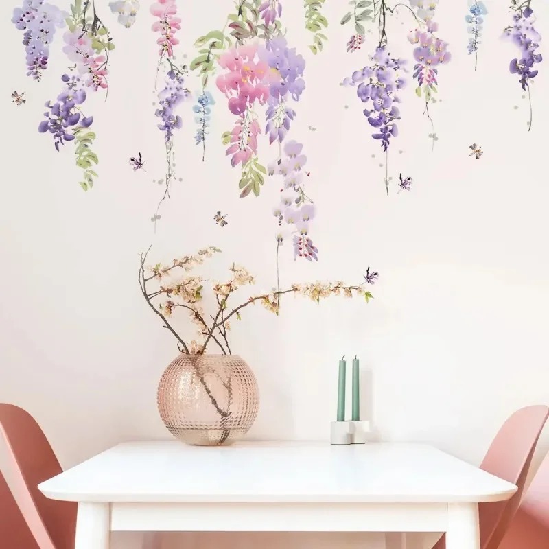 Beautiful Purple Pink Flower Vine Butterfly Wall Sticker, Waterproof PVC Bedroom Living Room Wall Background Decoration Sticker