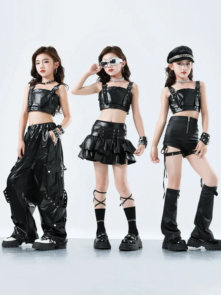 Dziecięca odzież Kpop Hip Hop Czarna Krótka Koszulka Tank Top ze Sztucznej Skóry Warstwowa Spódnica Spodnie Cargo Szorty na Ramiączkach dla Dziewczynki Kostium do Tańca Ubrania
