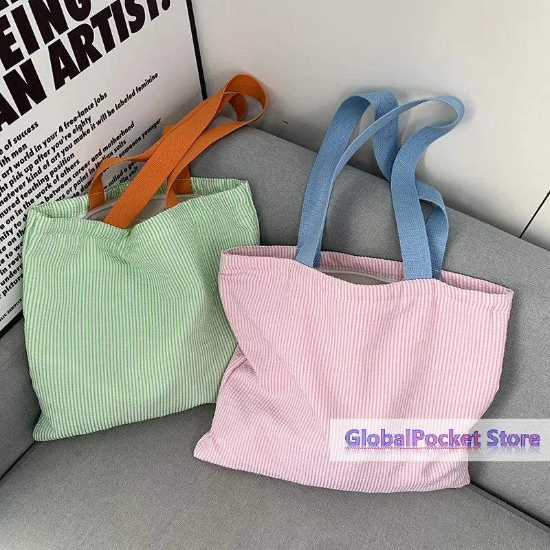 Stripe Contrast Color Women's Canvas Shoulder Bag Large Capacity College Book Tote Zipper Handbags Simple Commuter Shopping Bag