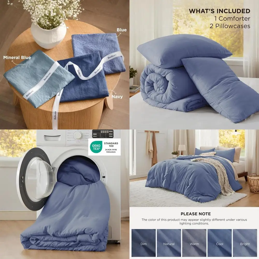 

Комплект постельного белья King Size синего цвета, предварительно стираный, 3 предмета, с наполнителем из искусственного пуха, включает 1 одеяло и 2 наволочки.