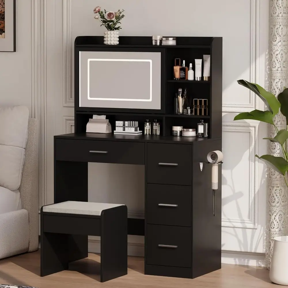 

Black Bedroom Vanity Desk with Mirror, Adjustable Lights, Chair, and Sliding LED Mirror