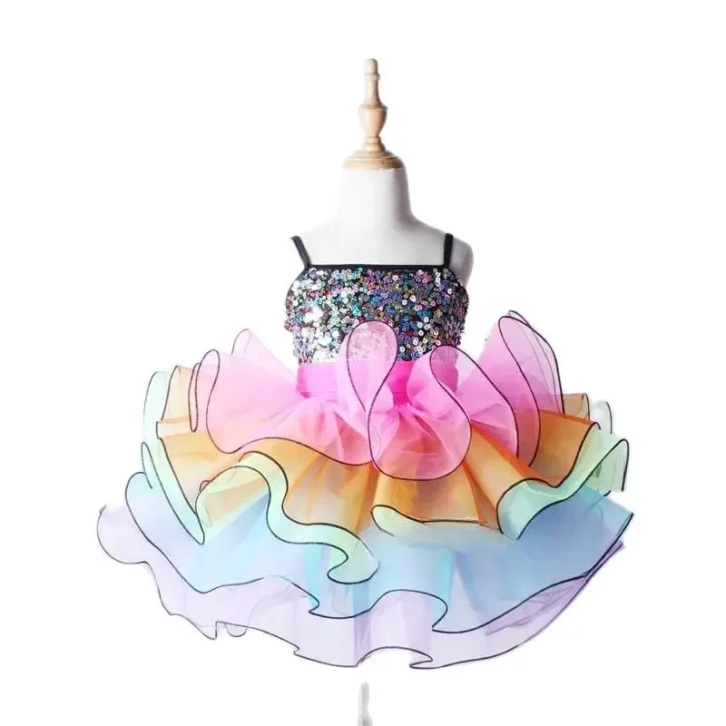 Robe Tutu de danse de Ballet, Costume de spectacle sur scène, vêtements de danse arc-en-ciel pour filles, vêtements de danse de Ballet pour enfants, robe de ballerine à paillettes
