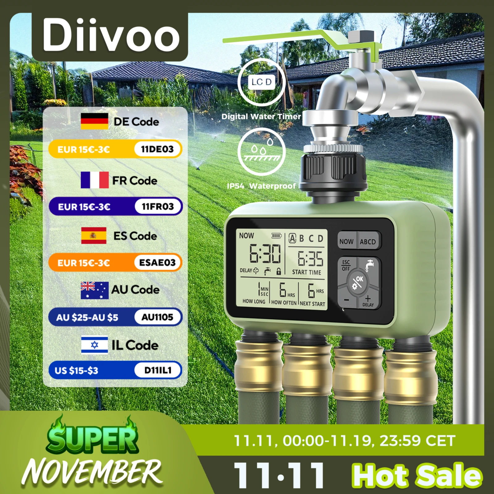 

Таймер для садовой воды Diivoo, 4-зонный программируемый автоматический таймер для орошения с задержкой дождя, ручной/автоматический режим полива для газона и двора