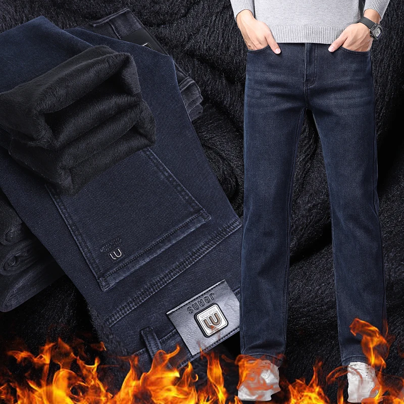 New Winter Men Black Straight Stretch Denim Thick Velvet Pants Warm Jeans Casual Fleece Line Trousers Male Plus Size 40
