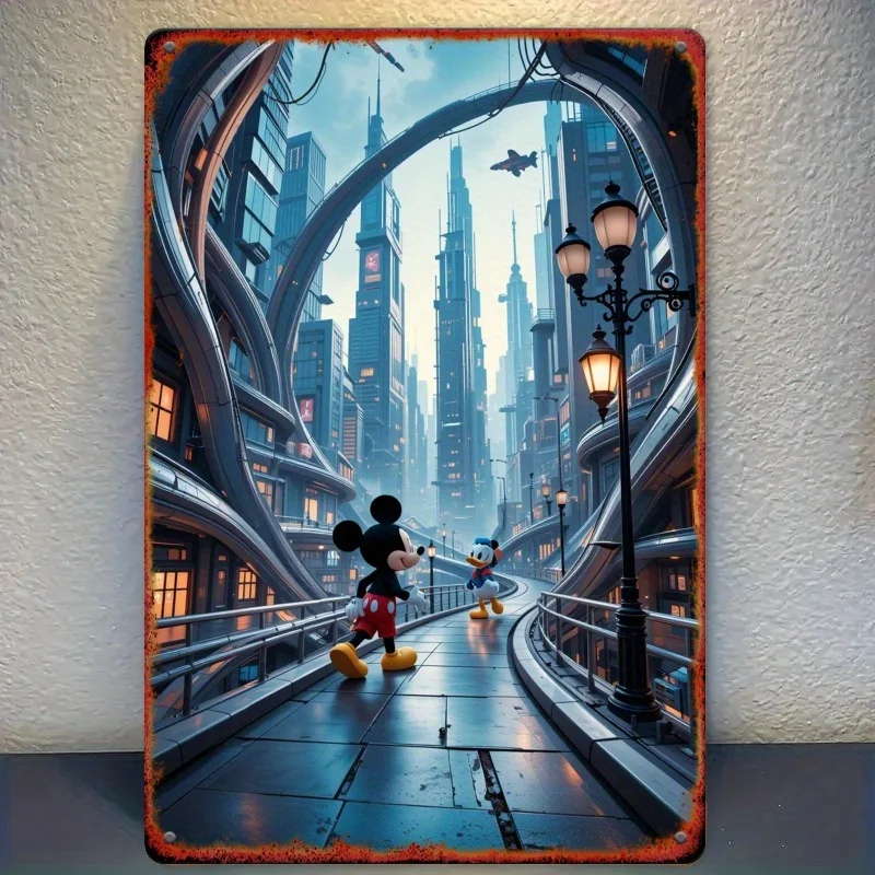 [مسطح] قطعة واحدة من فن الحائط المعلق بالحديد مقاس 8 × 12 بوصة - مغامرة مدينة ميكي ودونالد داك المستقبلية، حضري نابض بالحياة والمغامرة