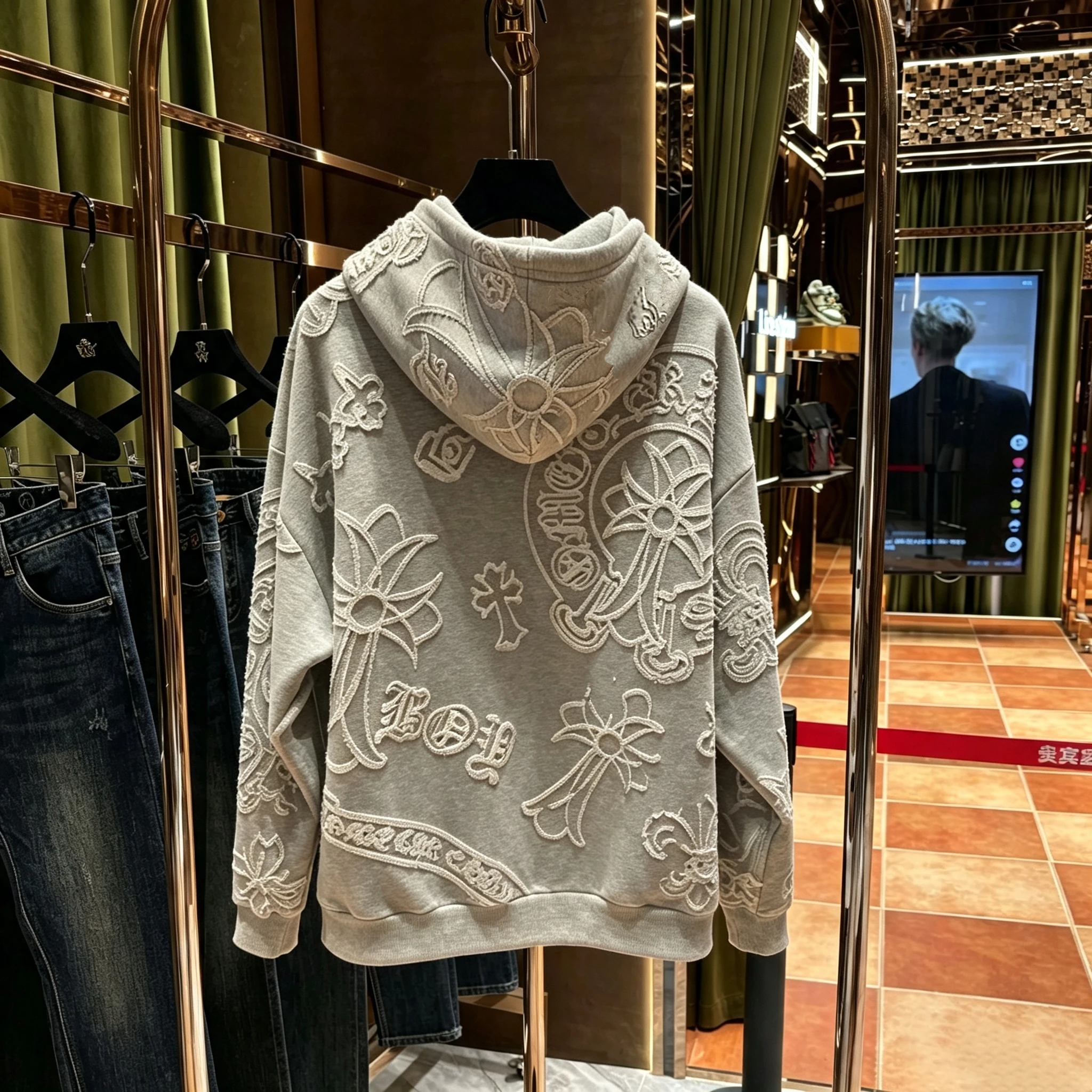 American Design Sense Trendy Brand Embroidered Cross Stitched Hoodie Sweatshirt Men's Loose Heavyweight Pure Cotton Jacket