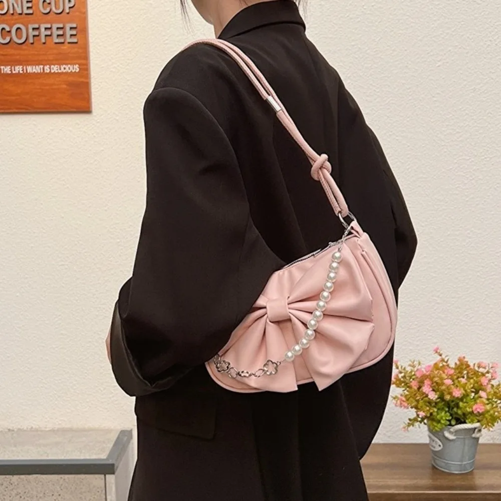 

Casual PU Leather Bowknot Shoulder Bag Pearl Solid Color Women Underarm Bag Large Capacity Adjustable Bow Handbag Office Worker