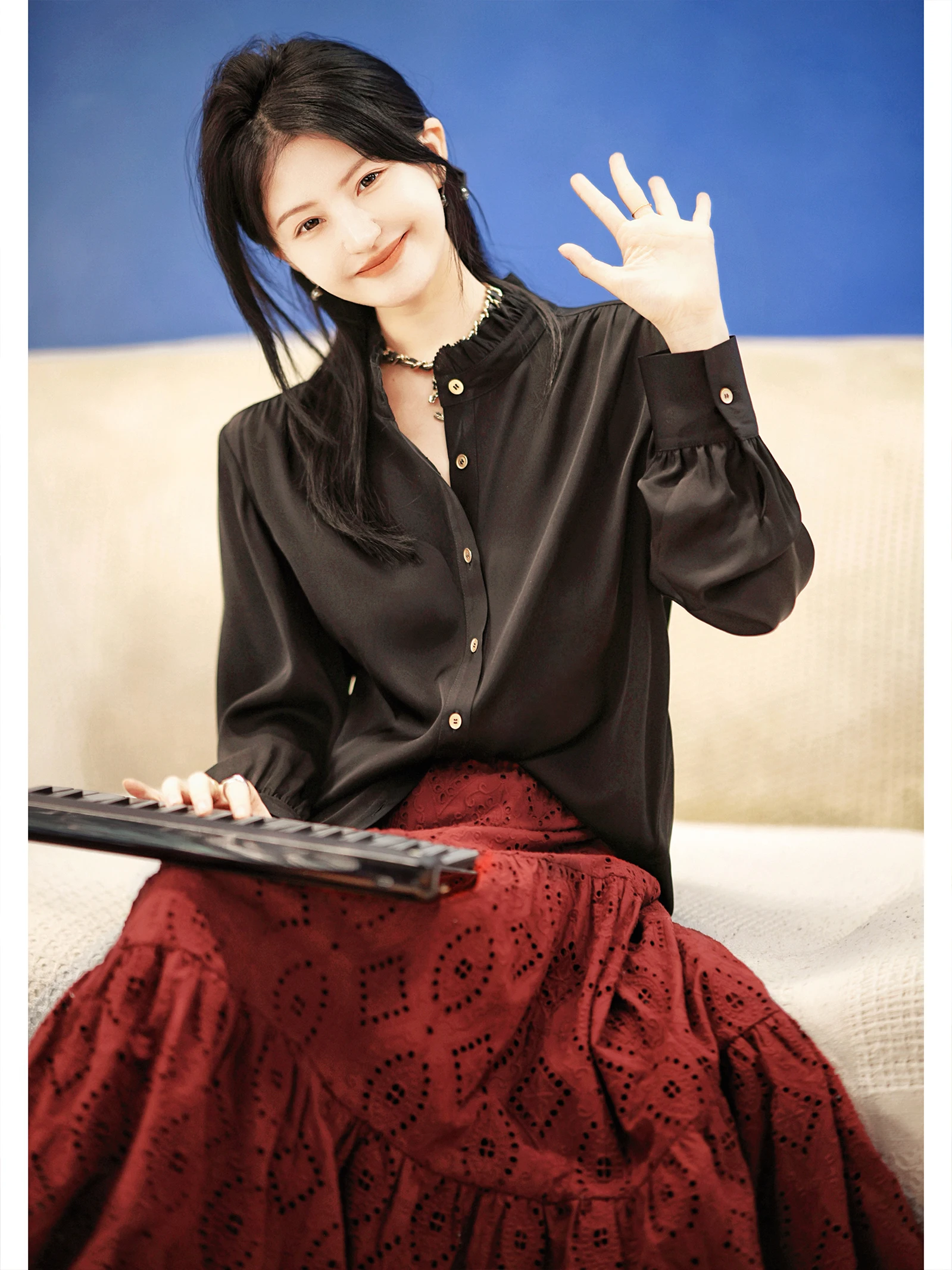 

Ele Versatile Silk irt with Wooden Design by Zhao Daxi Commute Sle Slim Fit Long Sve Thin Model for Women