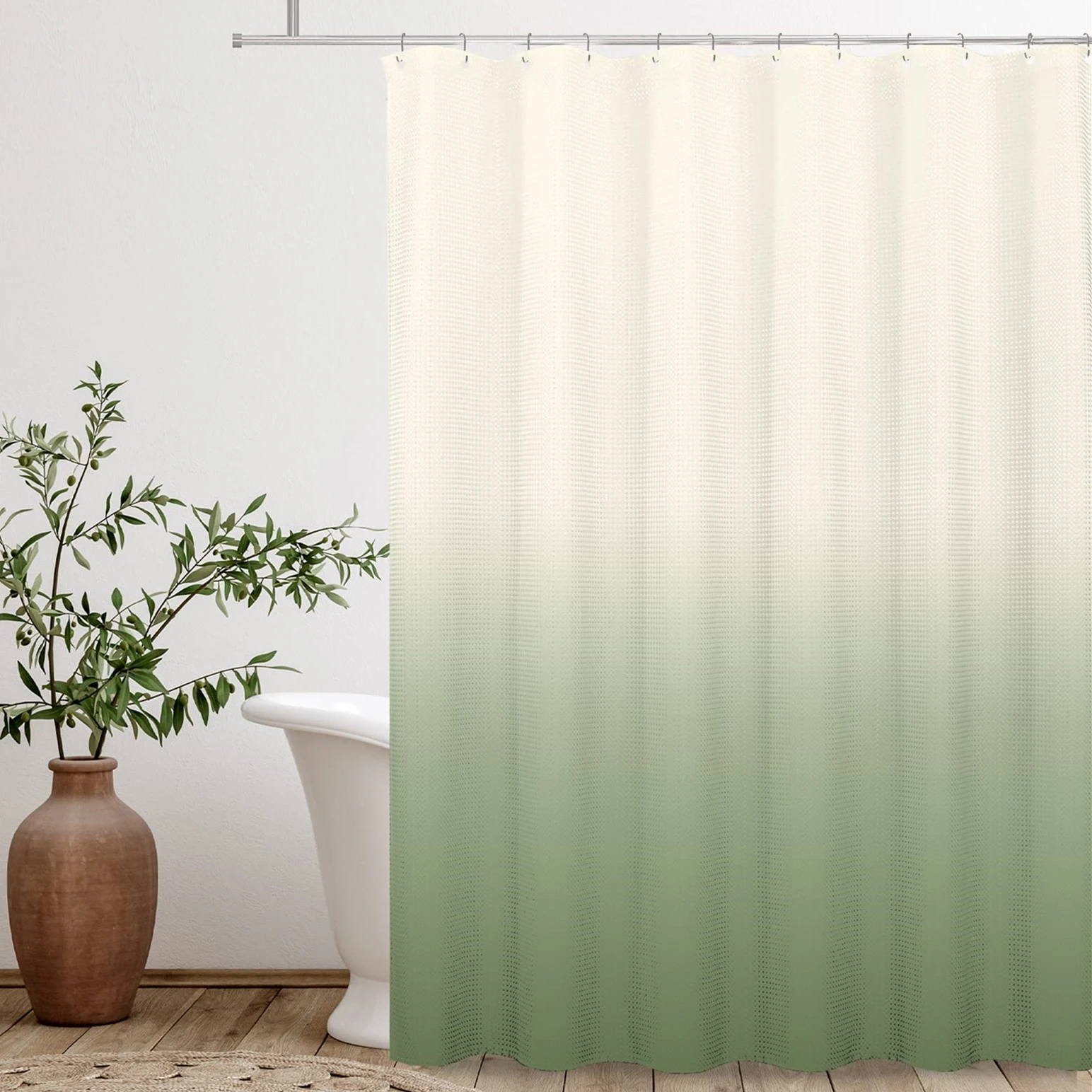 Ombre Beige Sage Shower Curtain, Lime Green Texture Fabric Gradient Bathroom Decor Waterproof Bathroom Curtains Set with Hooks