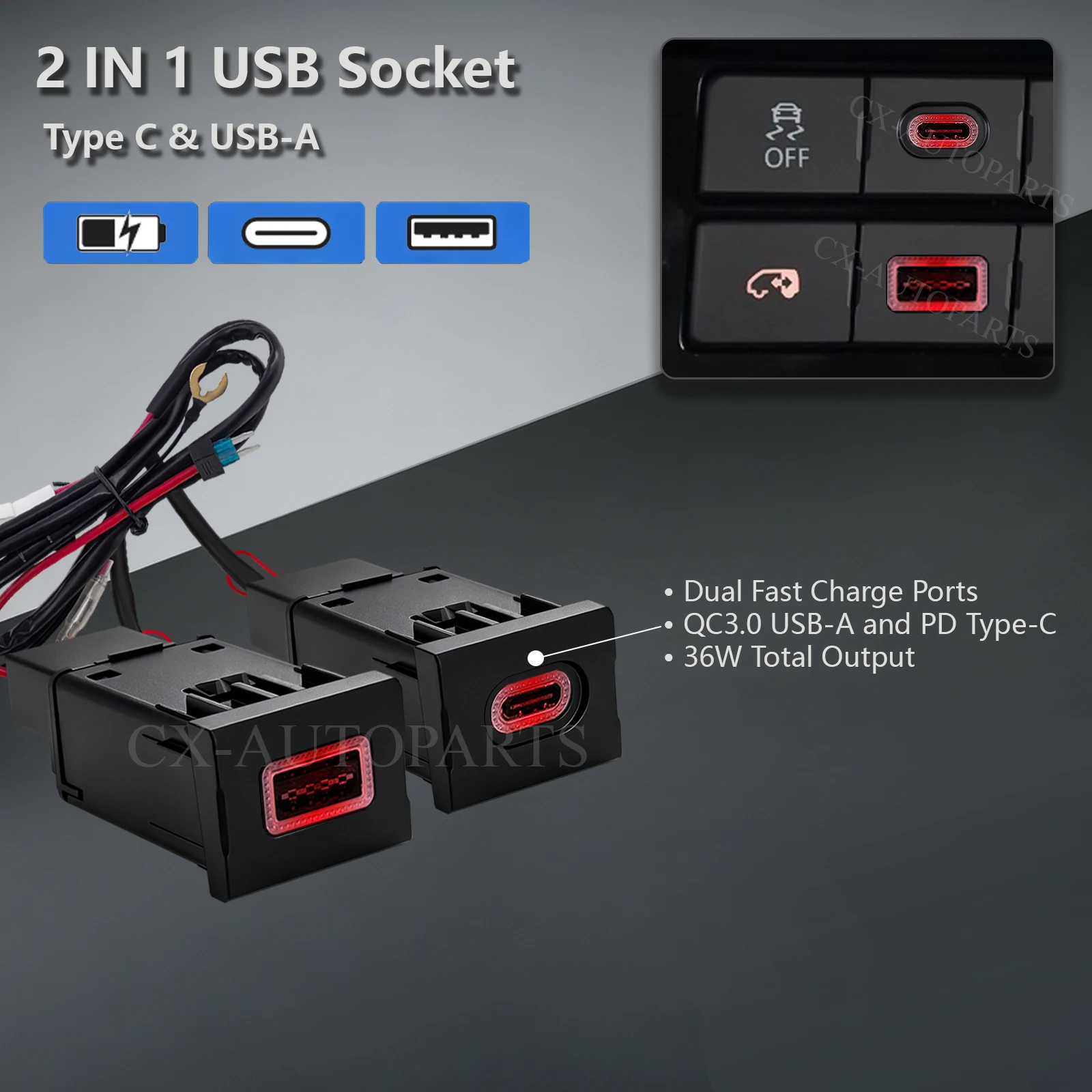 12V PD Typ-C & QC3.0 USB-A Auto-Ladeadapter Schnellladung mit Rotem Licht für VW Multivan T6 Transporter Armaturenbrett-Montage – Detail 2