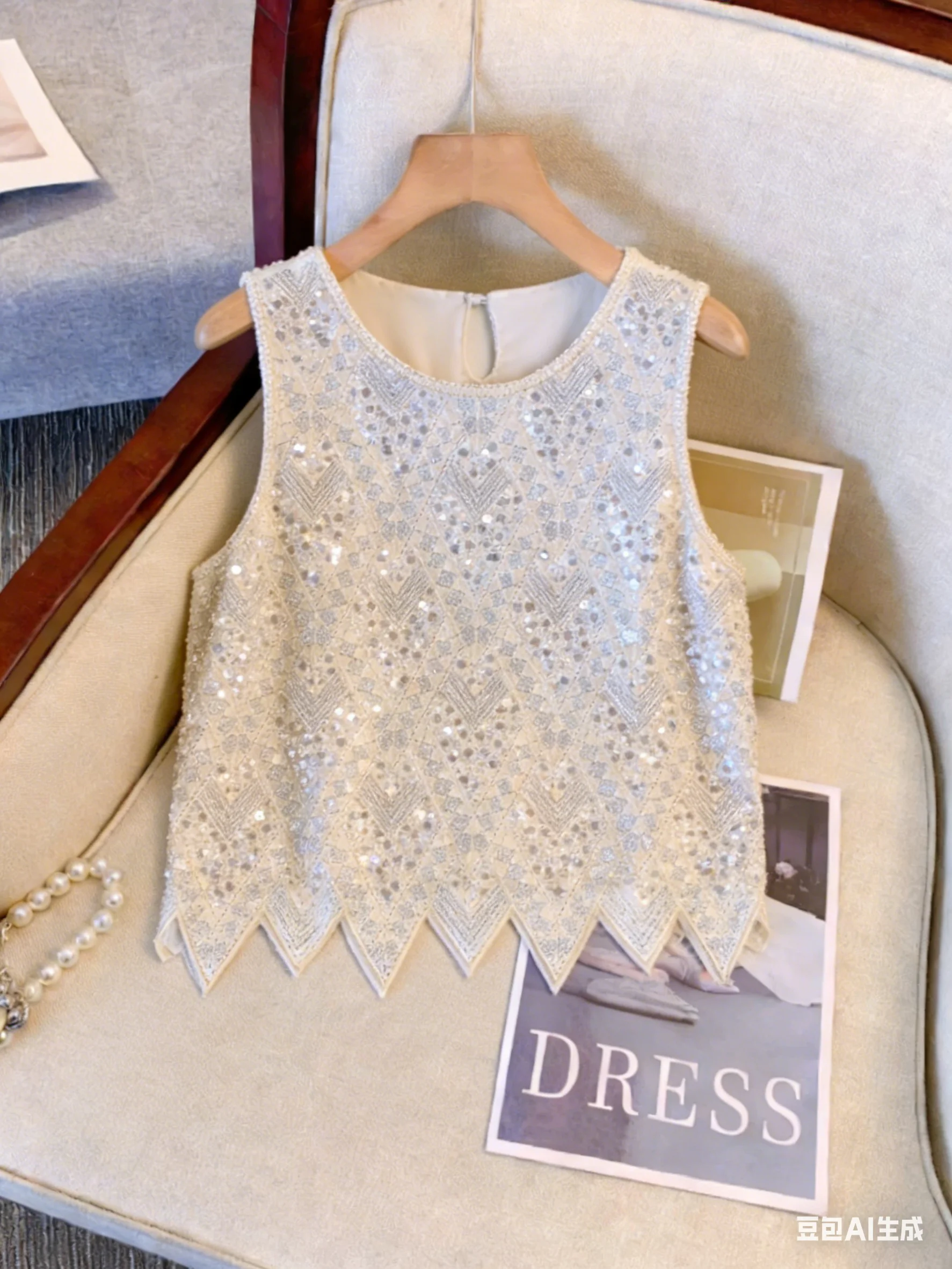 Ladies' Fashion Pearl Embroidered Long Sleeve Round Neck Apricot Sparkling Party Tank Top