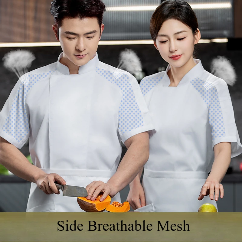 Veste de Chef unisexe en maille respirante, manches courtes, bleu ciel, Service alimentaire, chemise de cuisinier de cuisine, uniforme de serveur