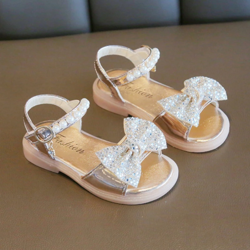 Summer Children Sandals Child Fashion Sequins Pearl Bow Decoration Kids Princess Shoes Baby Shoes Flat First walkers