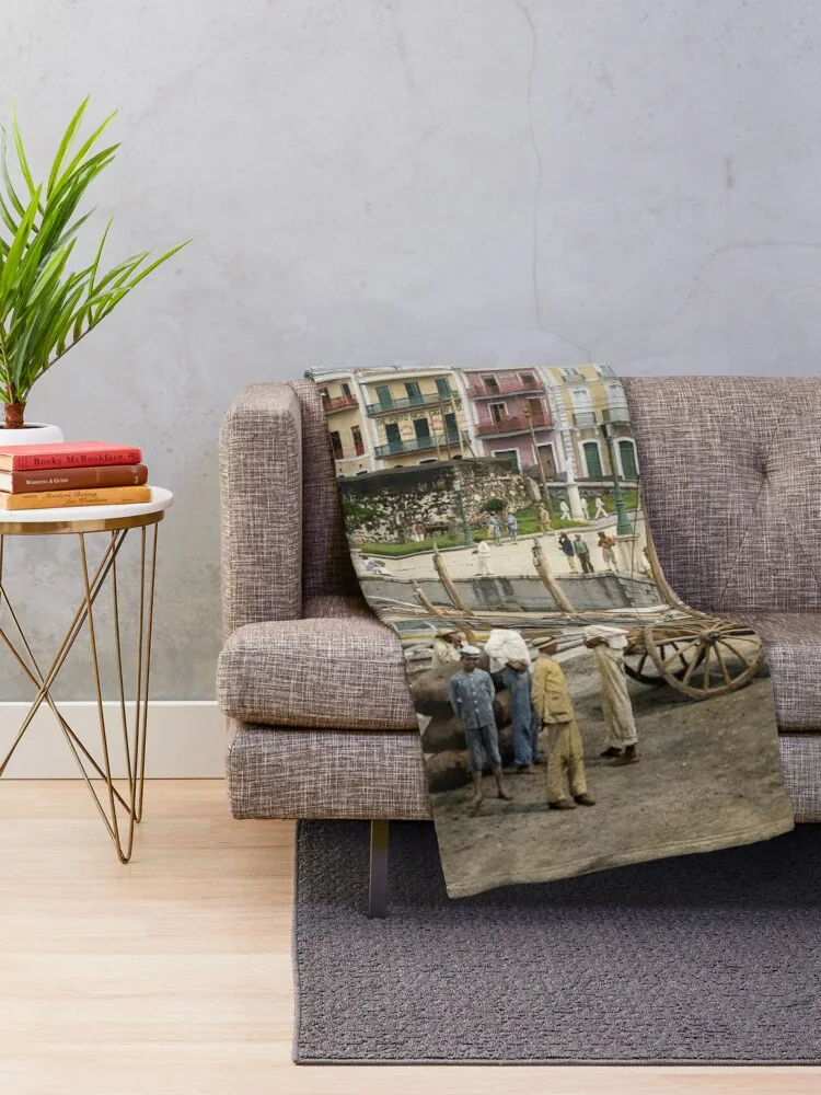 Old San Juan Marina, Puerto Rico in the year 1903 Throw Blanket Bed Winter beds Plush Blankets