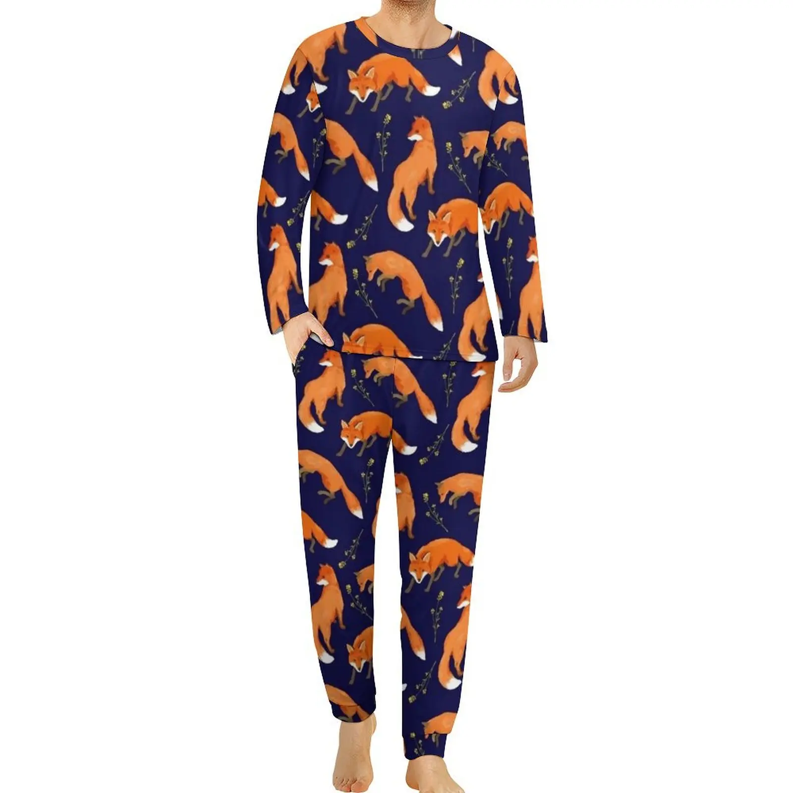 

Red Fox Design Pajamas Long Sleeves Floral Print Two Piece Aesthetic Pajama Sets Autumn Male Custom Kawaii Oversized Nightwear