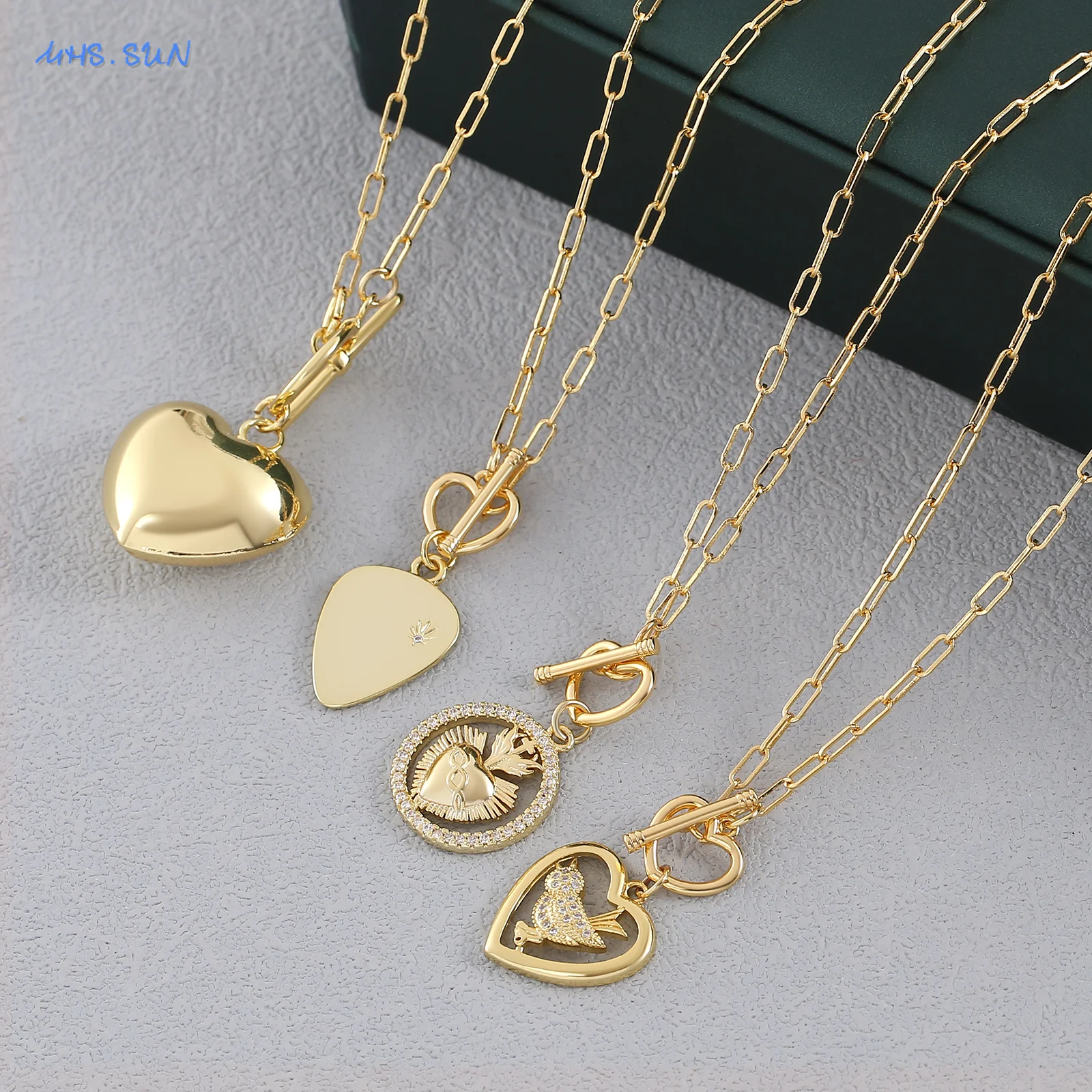MHS.SUN New Gold Plated Zircon Love Heart Pendant Necklaces For Women Paper Clip Chain OT Buckle Jewelry Valentine's Day Gifts