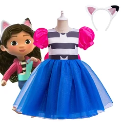 Summer New Gabby DollHouse Girl's Bow Dress Mesh Fluffy Bubble Sleeves Dress Children's Princess Dress Cats Party Dresses Girl